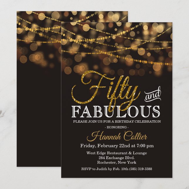 50 och Fabulous Glitter Birthday-inbjudan Inbjudningar (Fram/baksida)