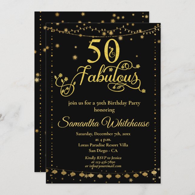 50 och Fabulous Glitter Guld Black Födelsedagsfest Inbjudningar (Fram/baksida)