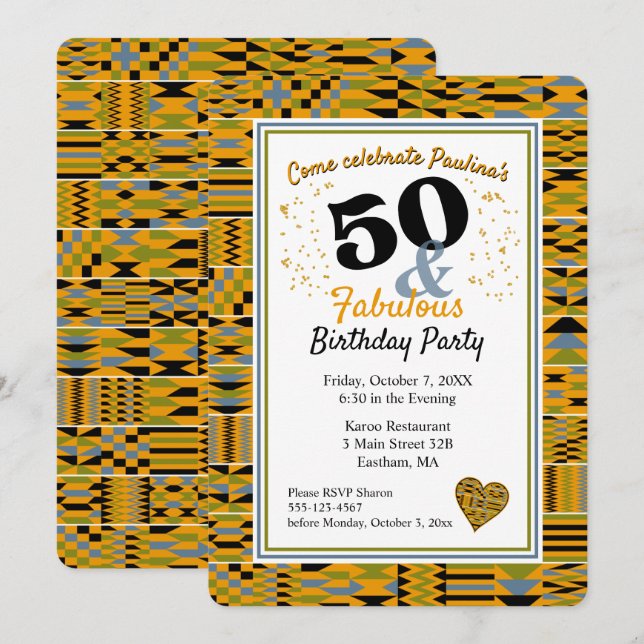 50 och Fabulous Golden Kente Födelsedagsfest Inbjudningar (Fram/baksida)