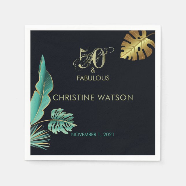 50 och Fabulous Grönt Guld Löv Födelsedagsfest Pappersservett (Framsidan)