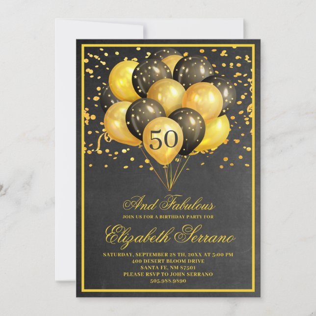 50 och Fabulous Guld Black Birthday Inbjudningar (Framsida)