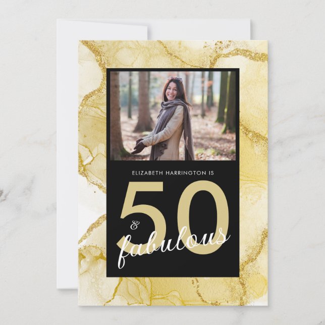 50 och Fabulous Guld Black Birthday Inbjudningar (Framsida)