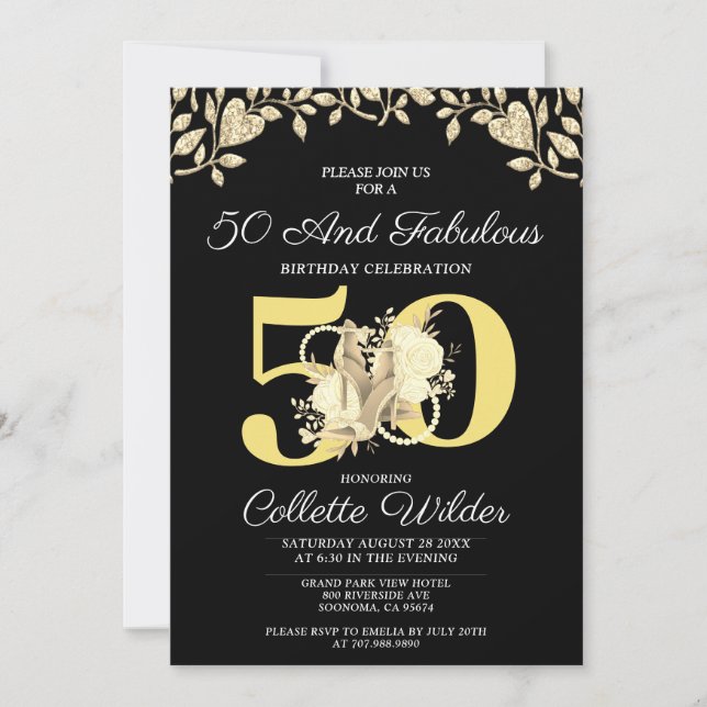 50 och Fabulous Guld Black Birthday Inbjudningar (Framsida)