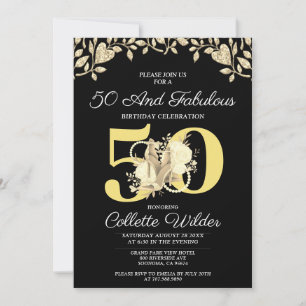 50 och Fabulous Guld Black Birthday Inbjudningar