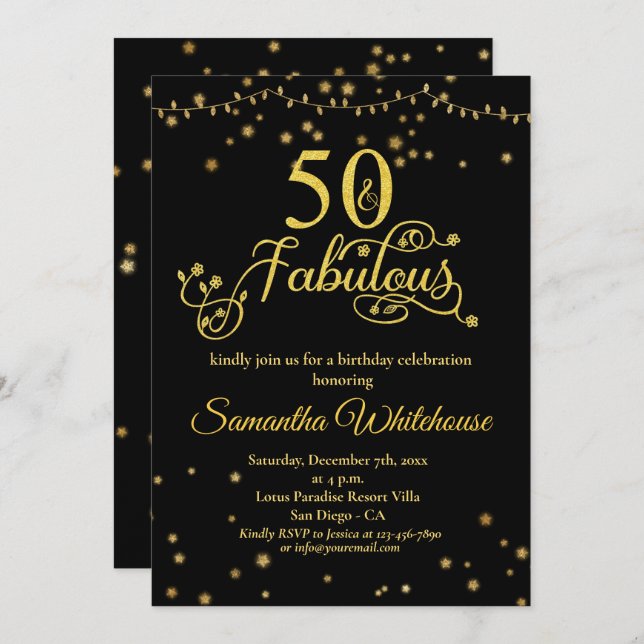 50 och Fabulous Guld Black Glitter    BirthdayInvi Inbjudningar (Fram/baksida)