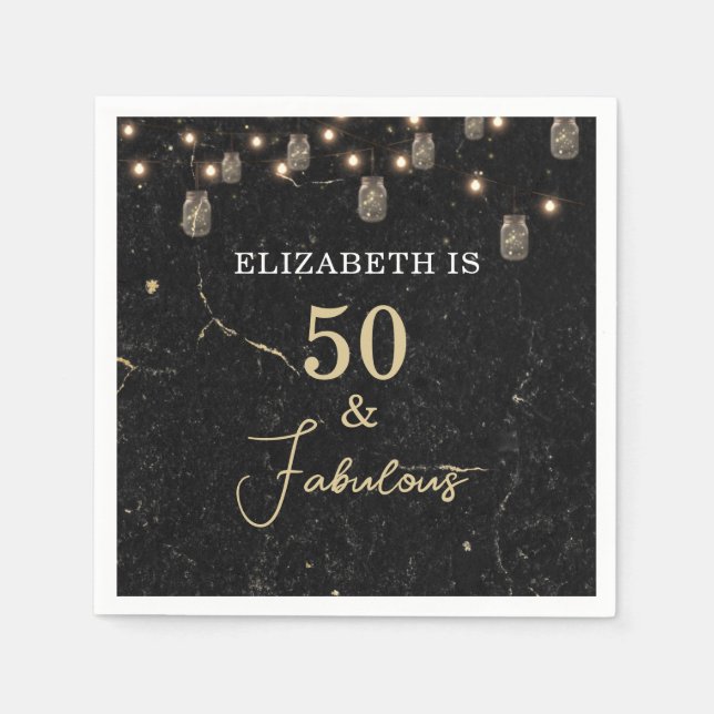 50 och Fabulous Guld Black Marble Mason Burk Ljus Pappersservett (Framsidan)