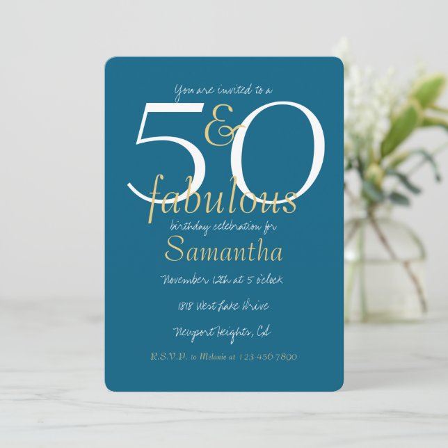50 och Fabulous Guld Blue 50:e födelsedagen Inbjudningar (Stående Fram)