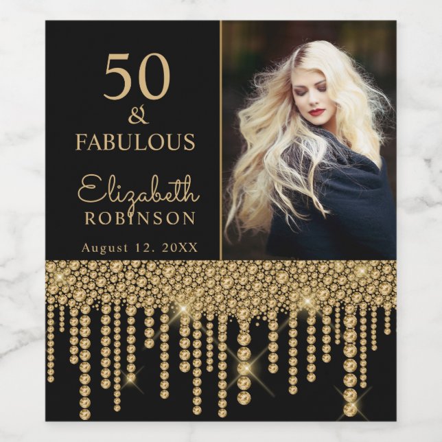 50 och Fabulous Guld Drips Pearl-Födelsedagsfest Vinflaska Etikett (Singel etikett)