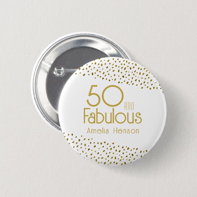 50 och Fabulous Guld Glitter 50:e födelsedagen Knapp (Framsida & baksida)