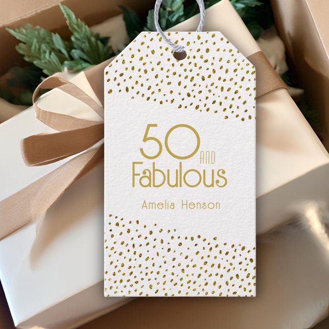 50 och Fabulous Guld Glitter 50:e födelsedagen Presentetikett (Skapare uppladdad)