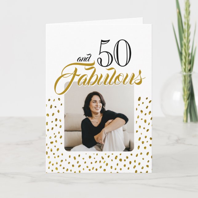 50 och Fabulous Guld Glitter Photo 50:e födelsedag Helgkort (Framsida)