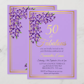 50 och Fabulous Guld Violet 50:e födelsedagen Inbjudningar
