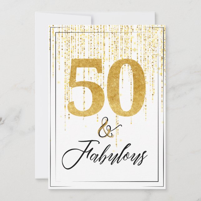 50 och Fabulous i Guld Glitter födelsedag Inbjudningar (Framsida)