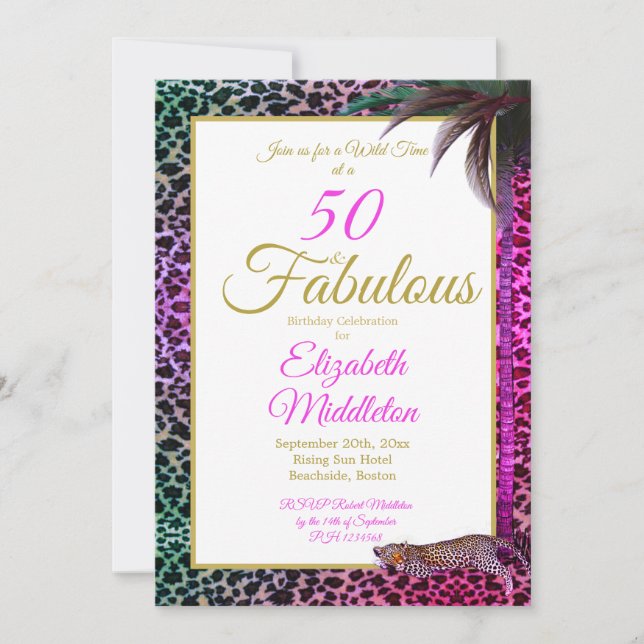 50 och Fabulous Leopard Lila Handflatan Vild Birth Inbjudningar (Framsida)