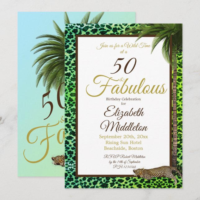 50 och Fabulous Leopard Print Handflatan Vild Birt Inbjudningar (Fram/baksida)