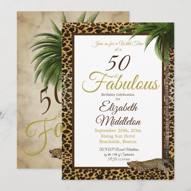 50 och Fabulous Leopard Print Handflatan Vild Birt Inbjudningar (Fram/baksida)