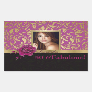 50 och Fabulous Lila Guld Damask Foto Birthday Rektangulärt Klistermärke