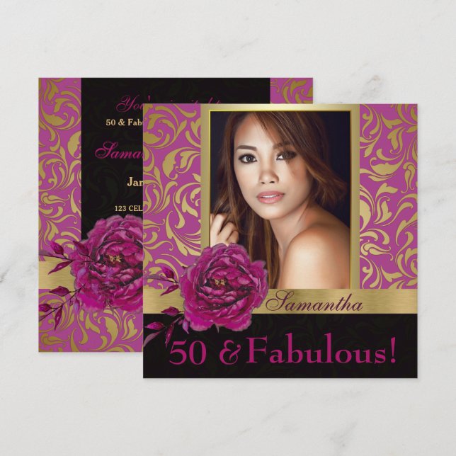 50 och Fabulous Lila Guld Damask Photo Birthday Inbjudningar (Fram/baksida)