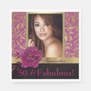 50 och Fabulous Lila Guld Damask Photo Birthday Pappersservett
