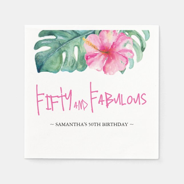 50 och Fabulous Luau Theme Birthday Watercolor Pappersservett (Framsidan)