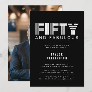 50 och Fabulous Modern Black White-Födelsedagsfest Inbjudningar