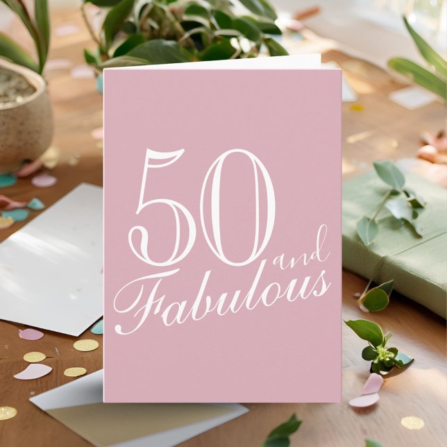 50 och Fabulous Modern Script Rosa 50:e födelsedag Kort (Skapare uppladdad)