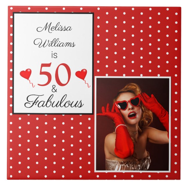 50 och Fabulous Namn Photo 50:e födelsedagen WH Re Kakelplatta (Framsidan)