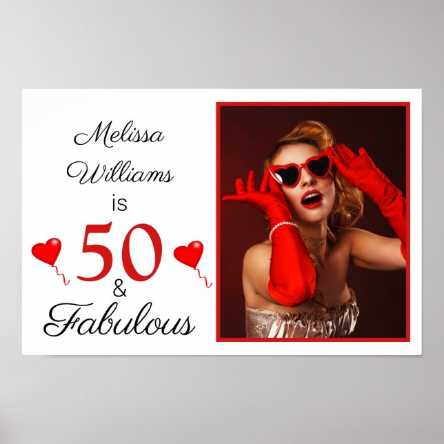 50 och Fabulous Namn Photo Red, 50:e födelsedag, l Poster (Framsidan)