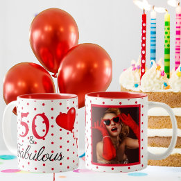 50 och Fabulous Photo and Red 50 Birthday WH Red Två-Tonad Mugg