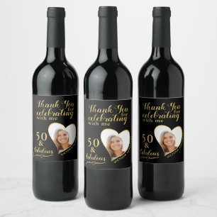 50 och Fabulous Photo Black och Guld Birthday Vinflaska Etikett