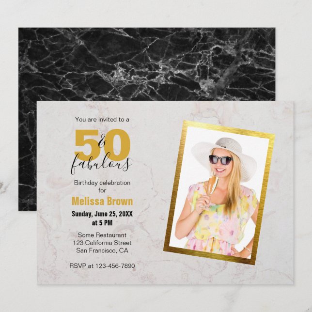 50 och Fabulous Photo Marble Guld Modern Birthday Inbjudningar (Fram/baksida)