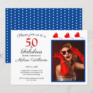50 och Fabulous Photo Red 50 Birthday Blue White Inbjudningar