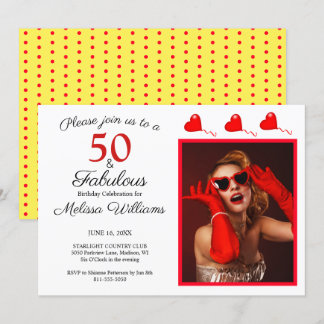 50 och Fabulous Photo Red 50 Birthday Gult Red Inbjudningar