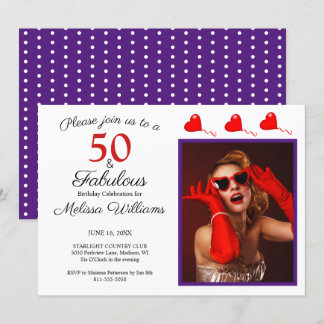 50 och Fabulous Photo Red 50 Birthday Lila WH Inbjudningar