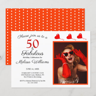 50 och Fabulous Photo Red 50 Birthday Orange WH Inbjudningar