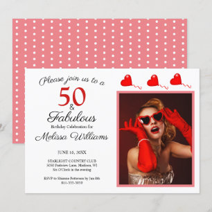 50 och Fabulous Photo Red 50 Birthday Rosa White Inbjudningar
