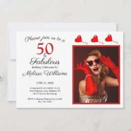 50 och Fabulous Photo Red 50:e födelsedagen White  Inbjudningar