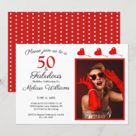 50 och Fabulous Photo Red 50:e födelsedagen White  Inbjudningar