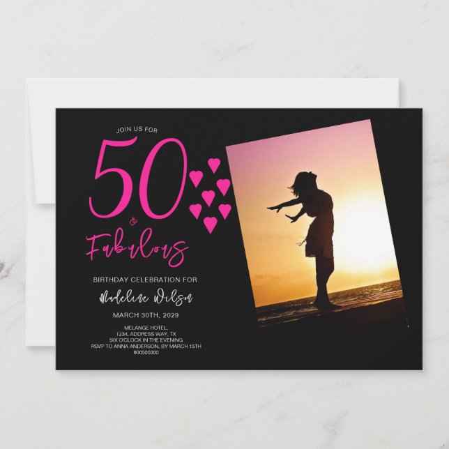 50 och Fabulous Photo Rosa Black Hearts 50:e Inbjudningar (Framsida)