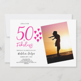 50 och Fabulous Photo Rosa Hearts 50-årsdagen Inbjudningar