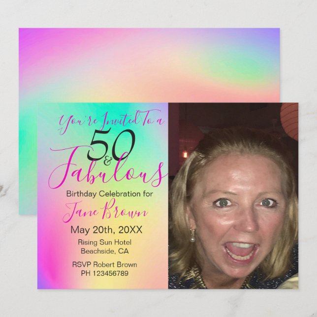 50 och Fabulous Rainbow Colorful Birthday Inbjudningar (Fram/baksida)