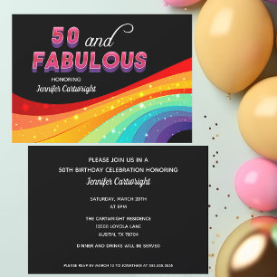 50 och Fabulous Rainbow Gnistra Rosa Text Birthday Inbjudningar
