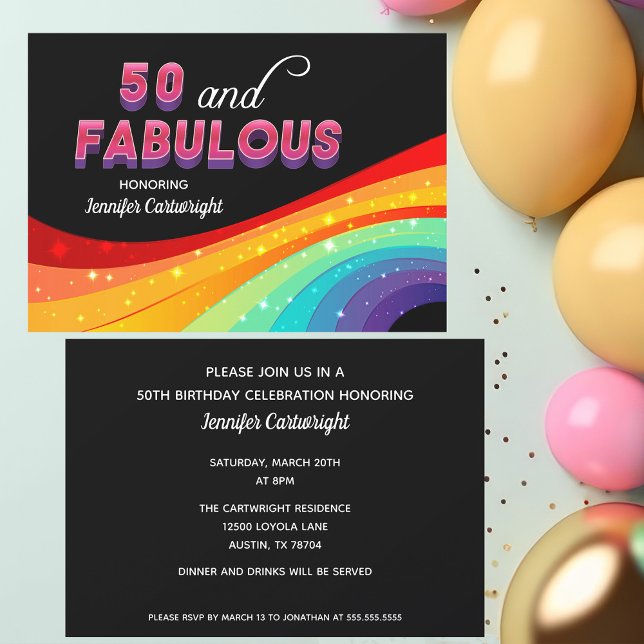 50 och Fabulous Rainbow Gnistra Rosa Text Birthday Inbjudningar (Skapare uppladdad)
