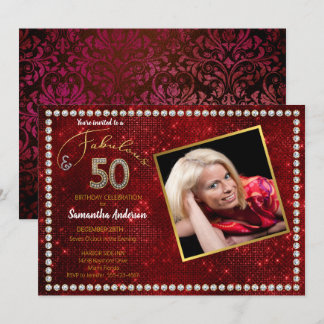 50 och Fabulous Red Bling 50:e Födelsedagsfesten Inbjudningar