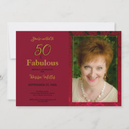 50 och Fabulous Red Guld Blommigt Birthday Inbjudningar