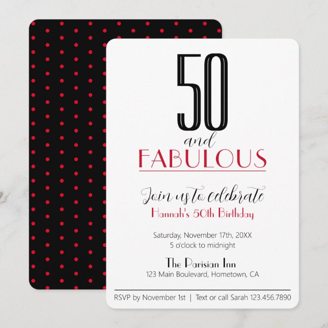 50 och Fabulous Retro Birthday Red and Black Invit Inbjudningar (Fram/baksida)