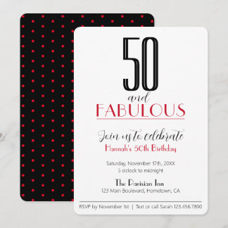 50 och Fabulous Retro Birthday Red and Black Invit Inbjudningar