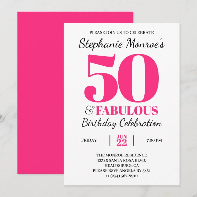 50 och Fabulous Retro Rosa Typography Birthday Inbjudningar (Fram/baksida)
