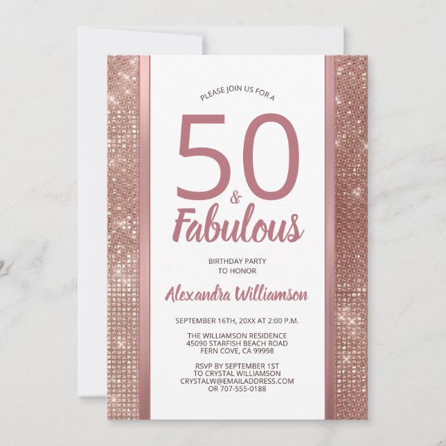 50 och Fabulous Ro Guld Glam 50:e Födelsedagsfeste Inbjudningar (Framsida)