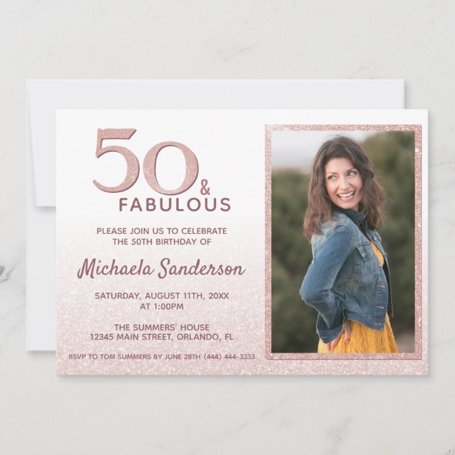 50 och Fabulous Ro Guld Glitter Elegant Birthday Inbjudningar (Framsida)